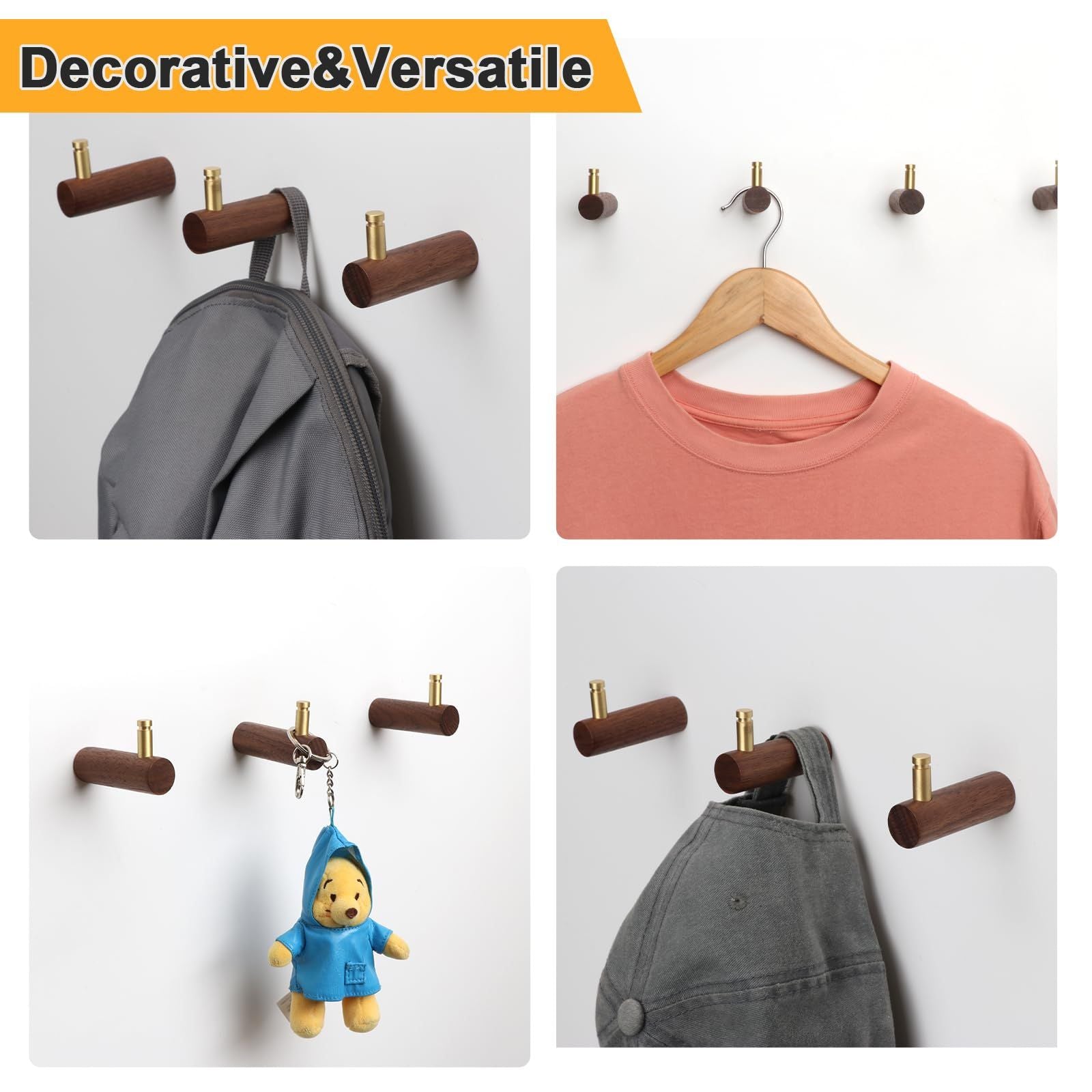 4 Pcs Wooden Wall Hooks Coat Hooks Hangers Wall Mounted Brass Decorative Wall Hooks Towel Hook, Walnut Wall Hooks(L-Shaped,Walnut)-2