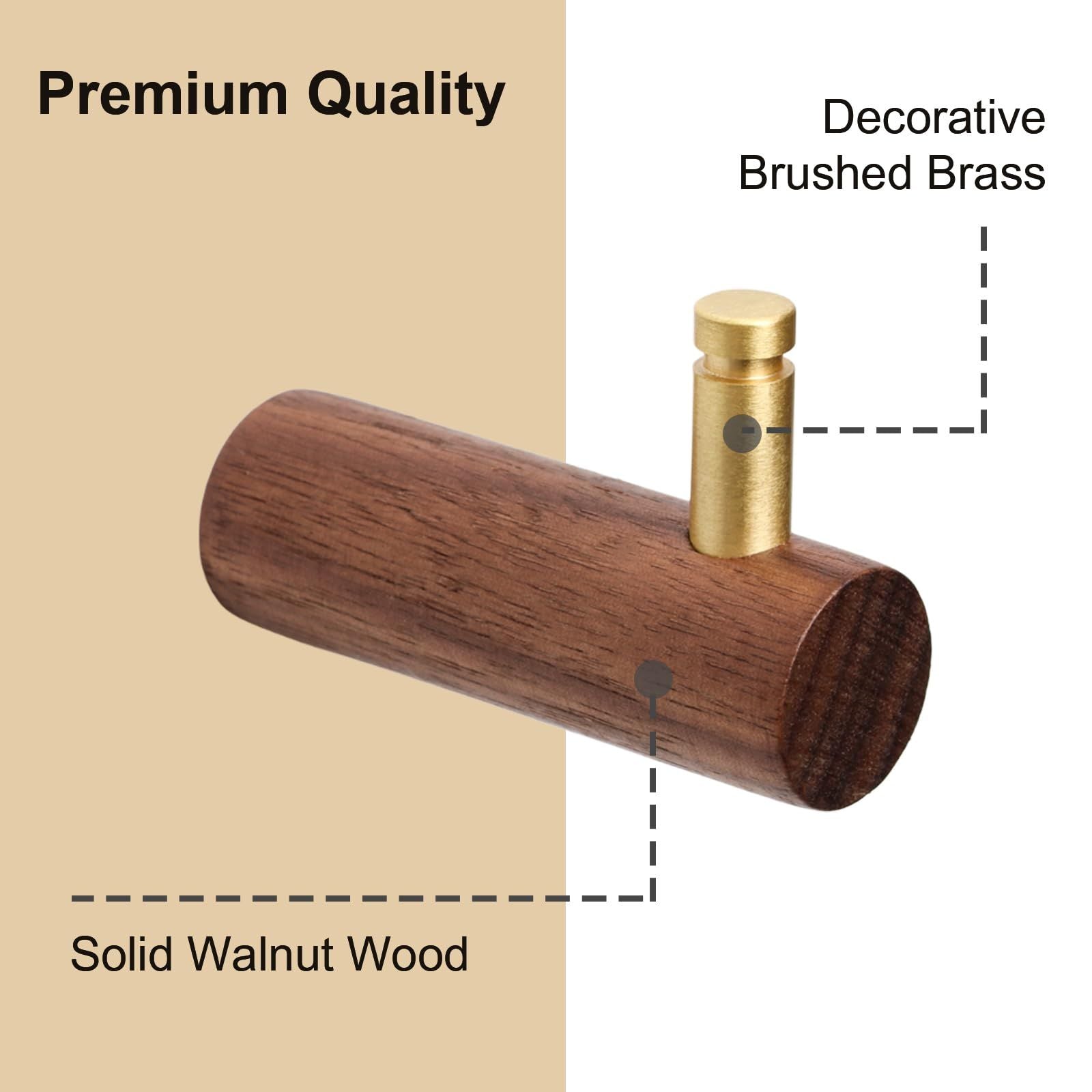 4 Pcs Wooden Wall Hooks Coat Hooks Hangers Wall Mounted Brass Decorative Wall Hooks Towel Hook, Walnut Wall Hooks(L-Shaped,Walnut)-3