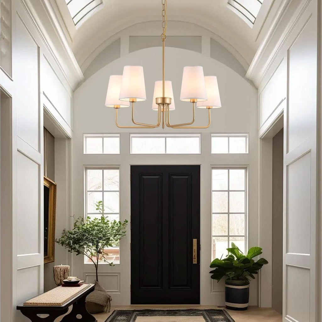 Five Light Gilded Farmhouse Chandelier With White Shades-3