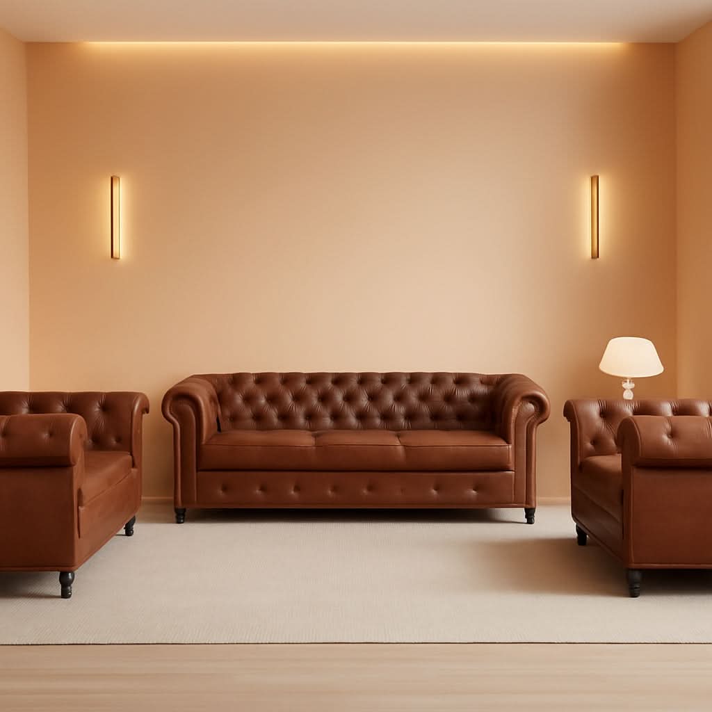 3 Piece Chesterfield Leather Sofa Set With Rolled Arms And Nailhead Trim Modern Brown Living Room Set-0