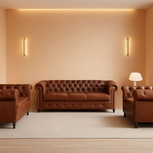 3 Piece Chesterfield Leather Sofa Set With Rolled Arms And Nailhead Trim Modern Brown Living Room Set-0