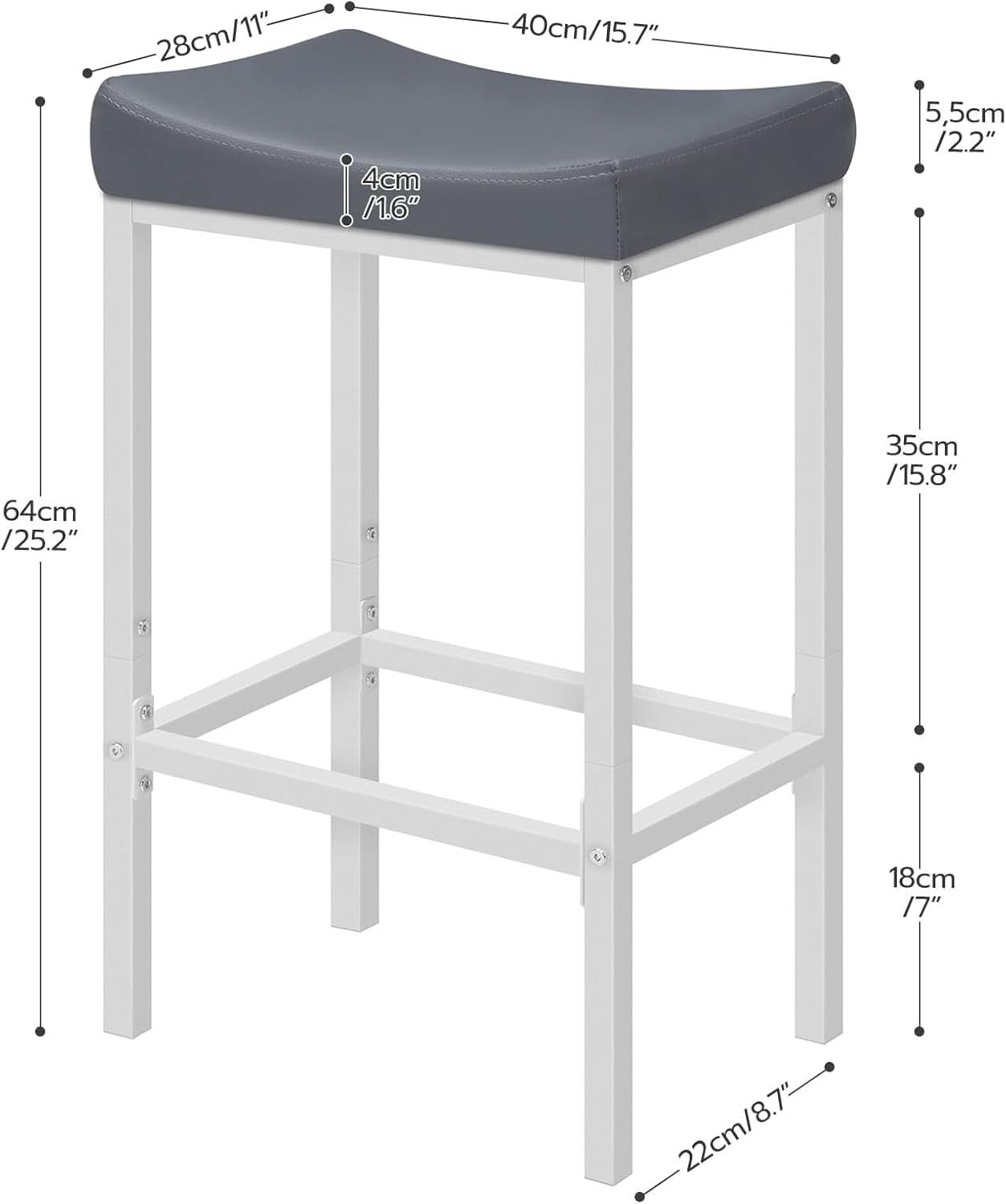 Saddle Bar Stools Set of 2, 24.8 Inches, White and Gray-3