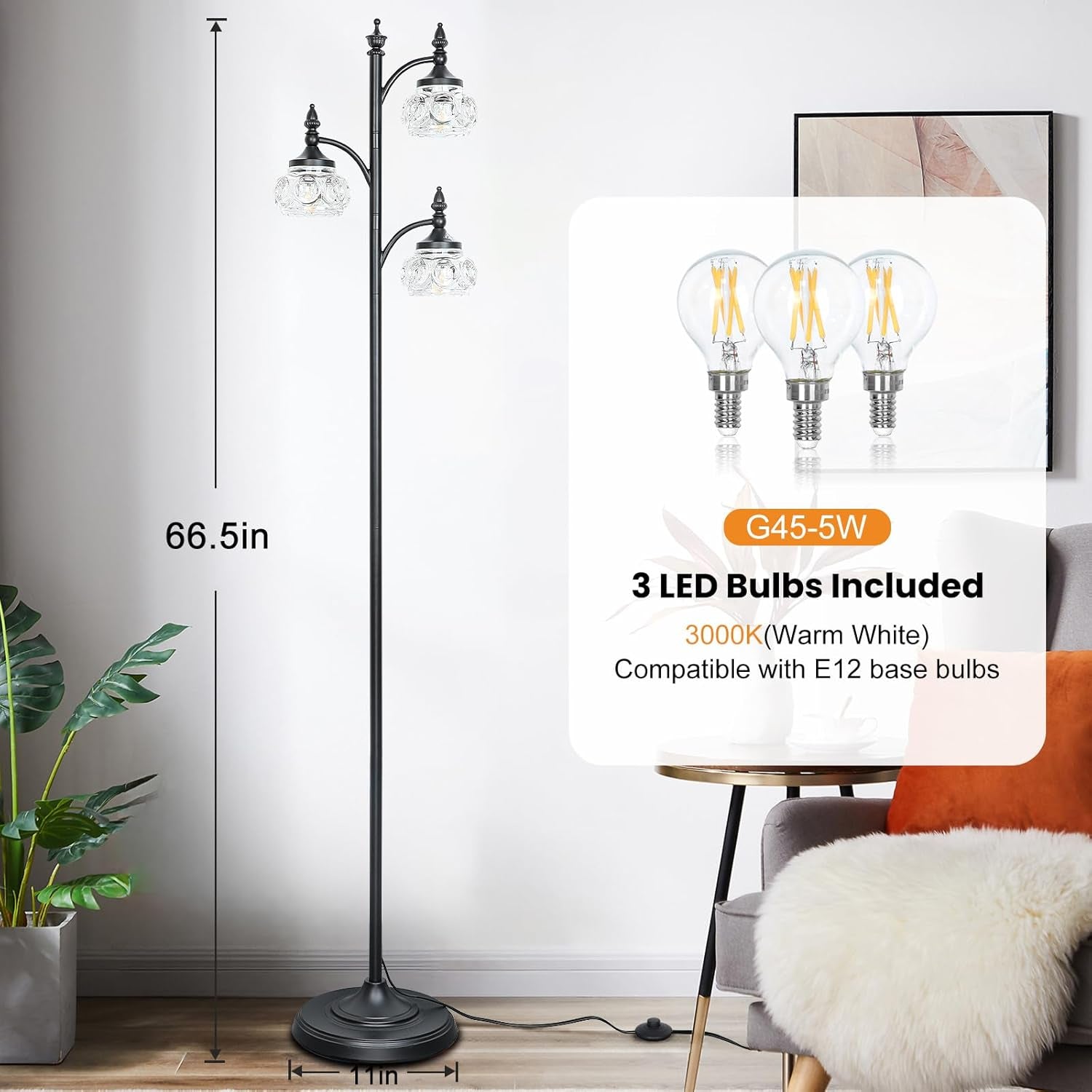 Black 66Inch Tall Floor Lamp Dimmable Bulbs Included-4