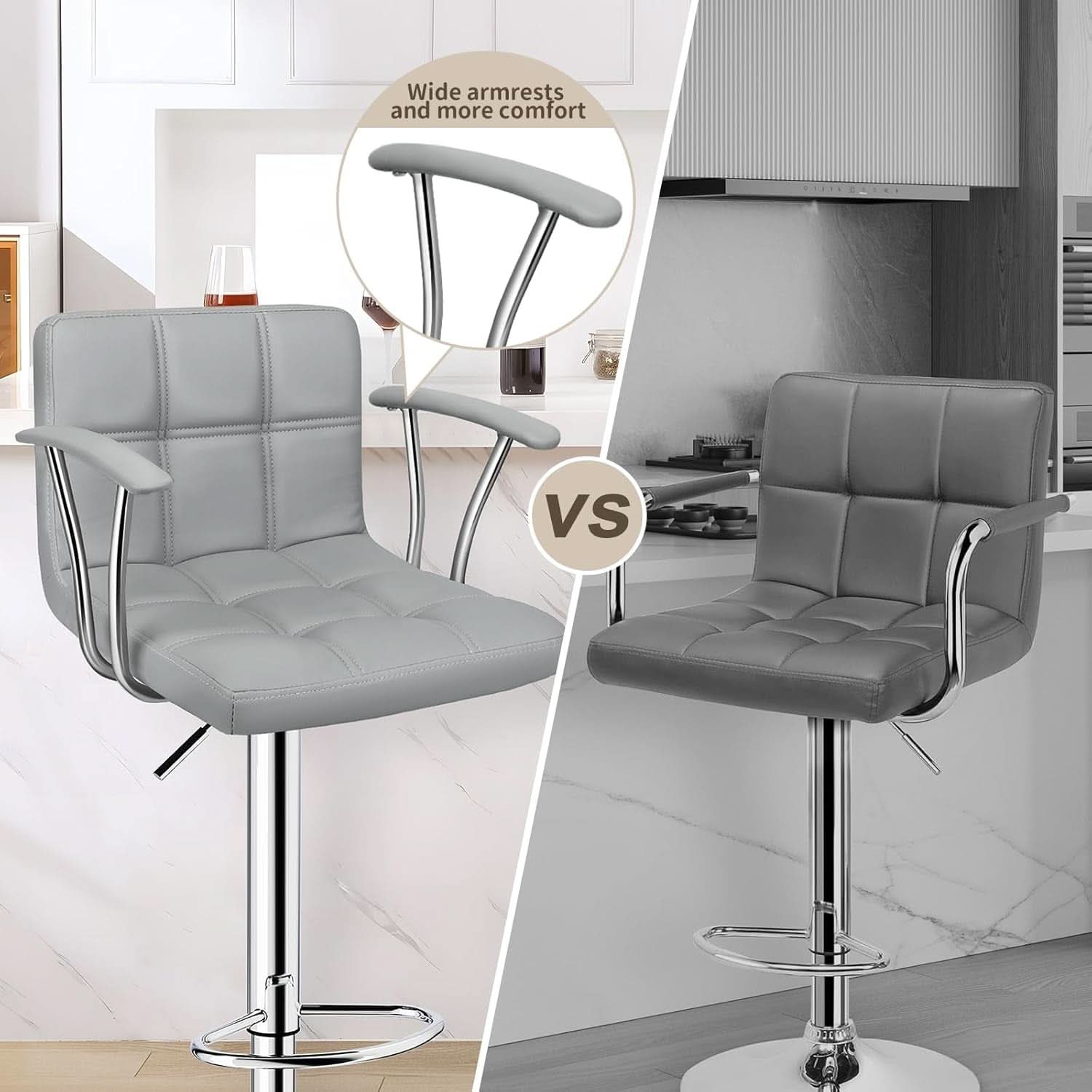 Counter Height Bar Stools Set 2 Armrest Swivel Leather Grey-3