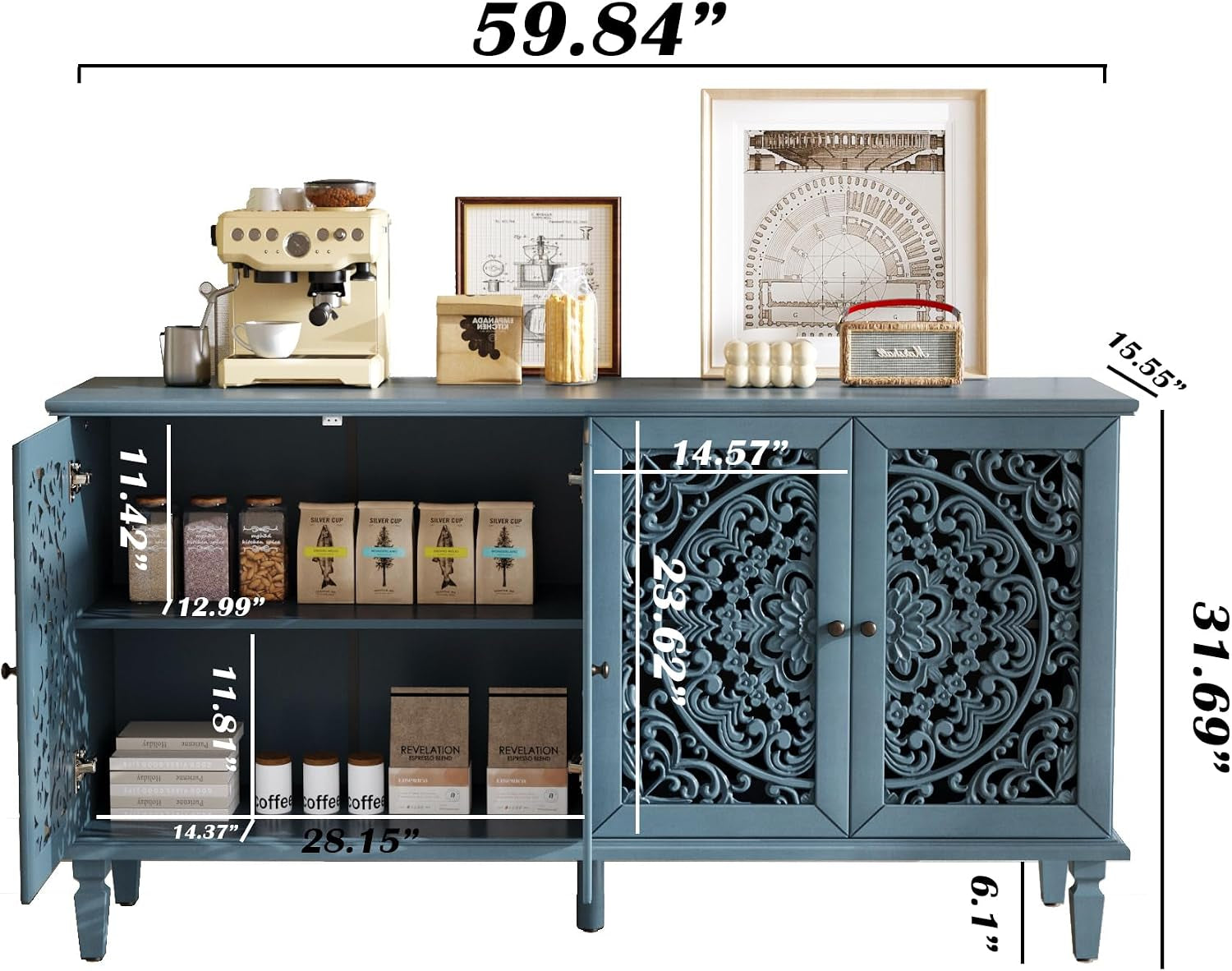 Vintage Sixty Inch Hollow Carved Console Sideboard-1