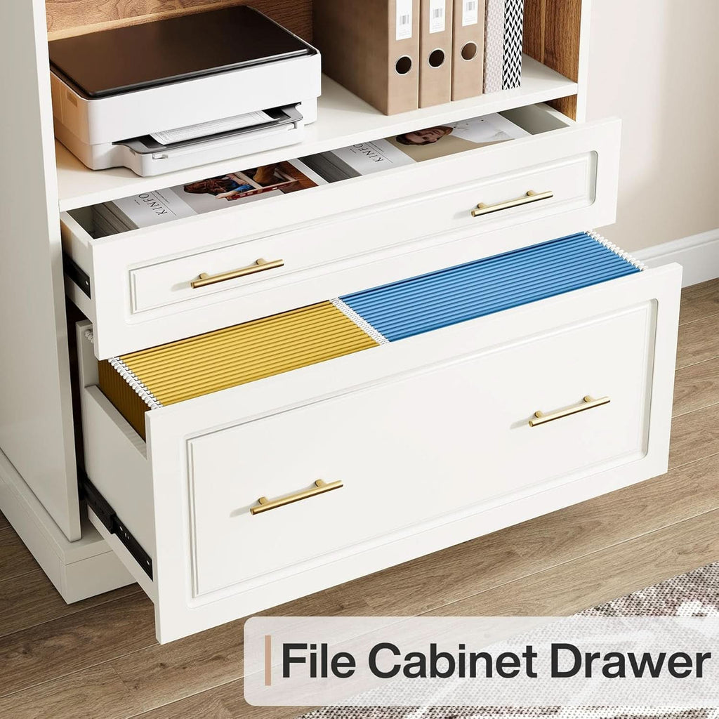 White Freestanding 72 Inch Bookcase With File Cabinet-4