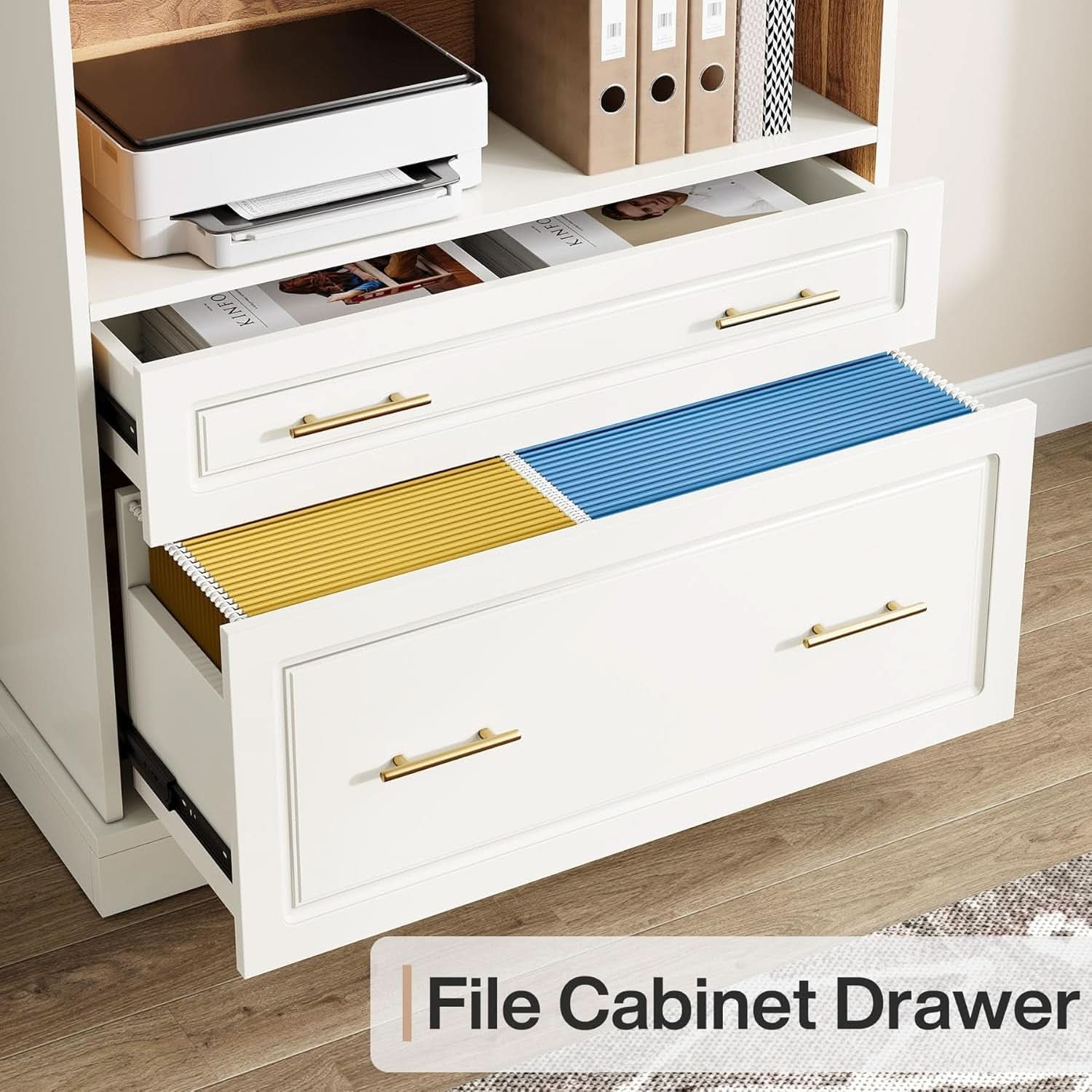 White Freestanding 72 Inch Bookcase With File Cabinet-4