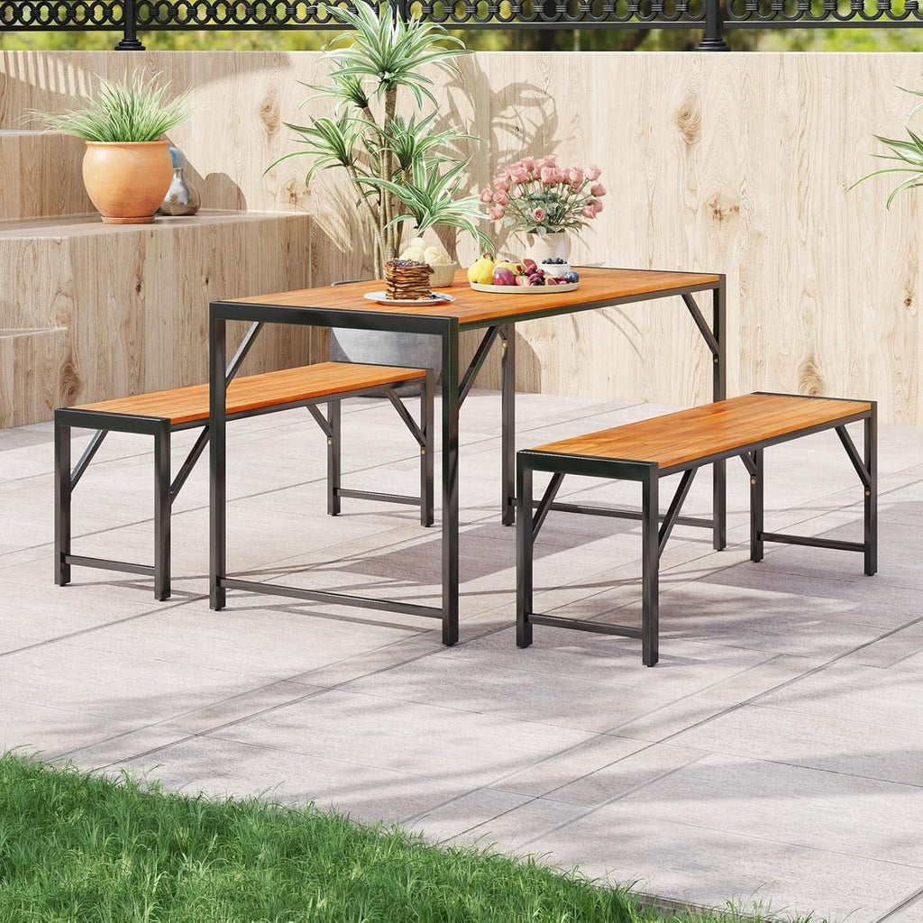 3 Piece Patio Dining Set For Six With 53 Inch Acacia Wood Table And Space Saving Benches-2
