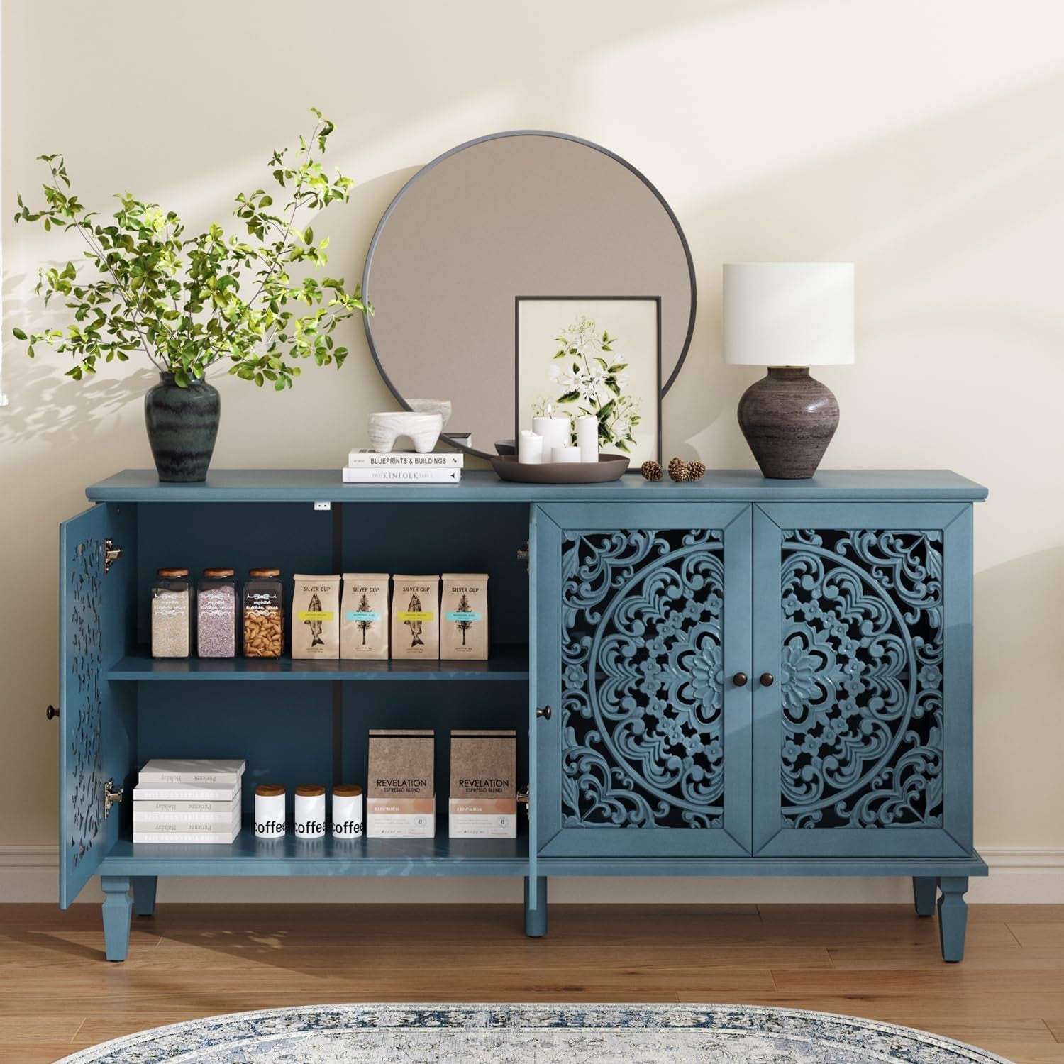Vintage Sixty Inch Hollow Carved Console Sideboard-2