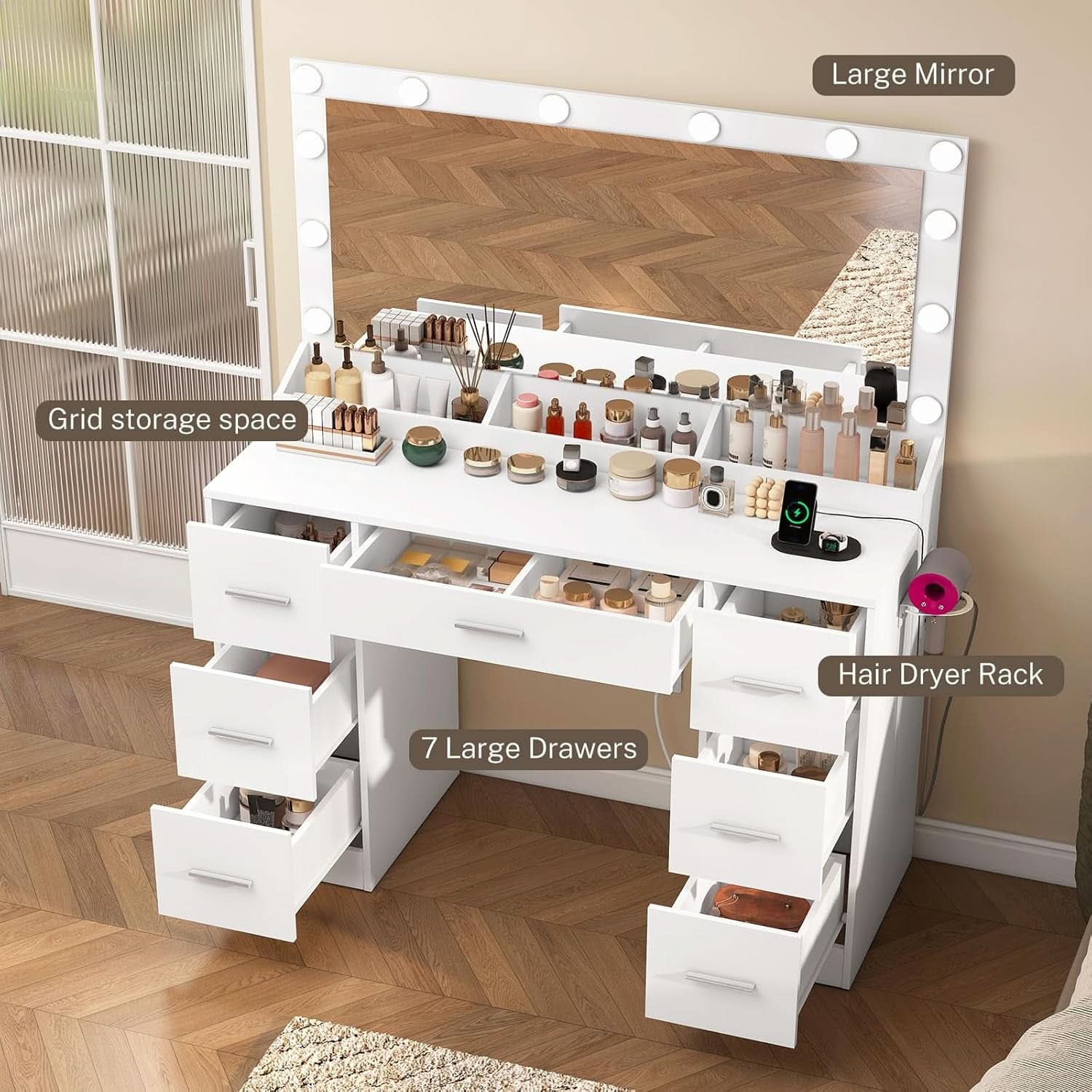 White Vanity Desk With Adjustable Illuminated Mirror-2