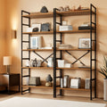 Pair Of 5 Shelf Bookcases Rustic Brown Industrial Tall-0