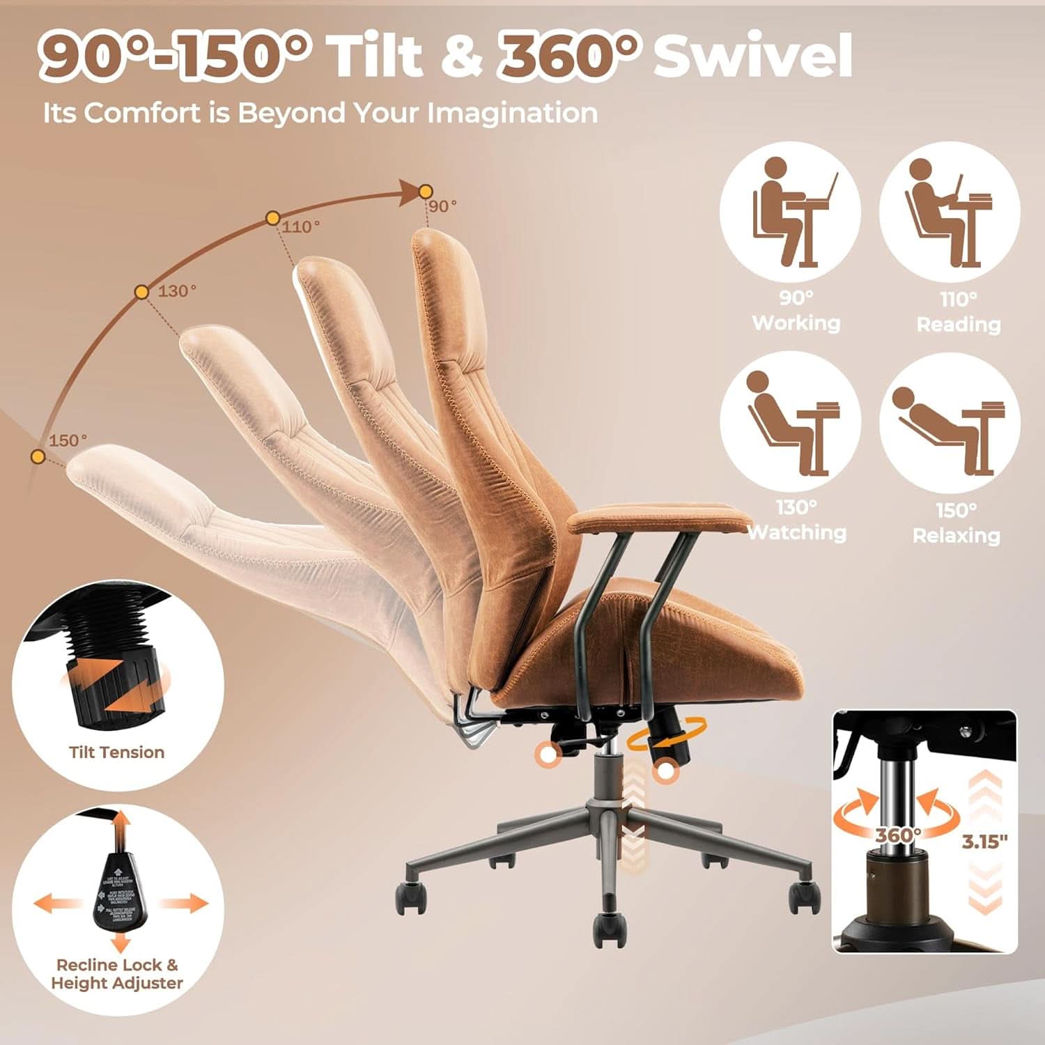 Ergonomic Mid Century Leather Office Chair With Lumbar-3