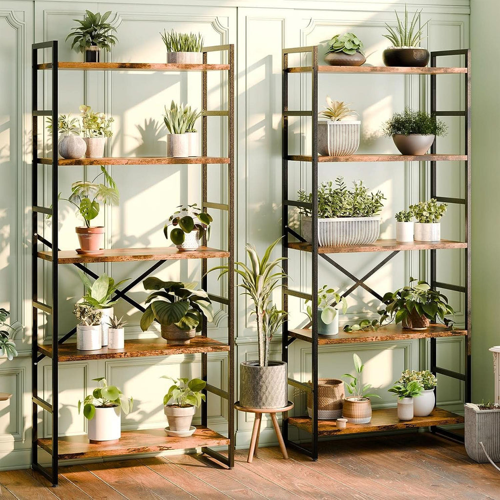 Pair Of 5 Shelf Bookcases Rustic Brown Industrial Tall-2
