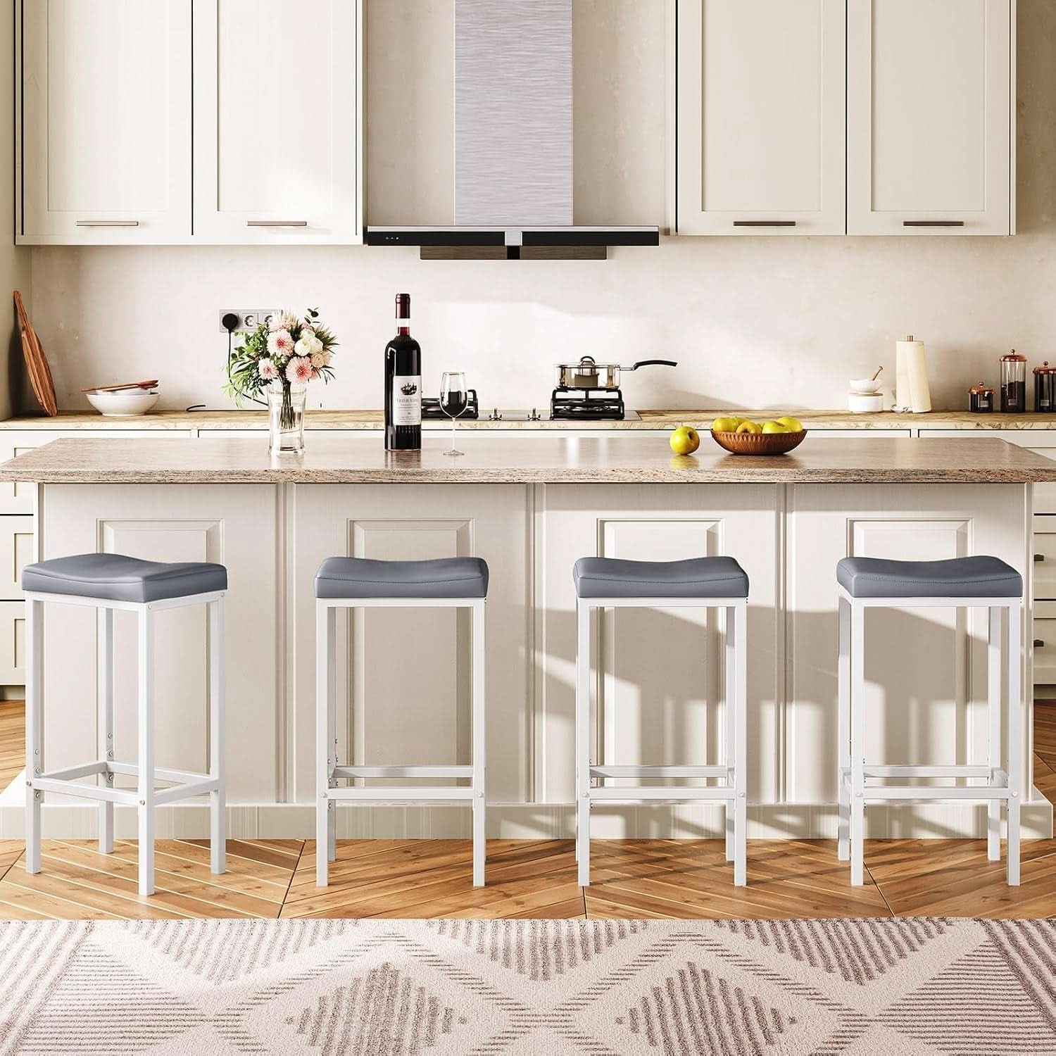 Saddle Bar Stools Set of 2, 24.8 Inches, White and Gray-1