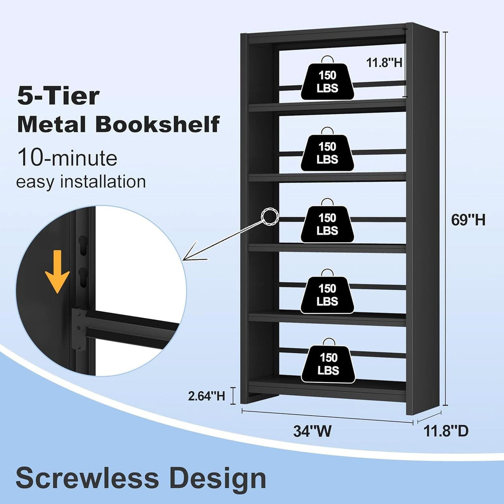 All Metal Five Tier Bookcase Matte Black Industrial-1