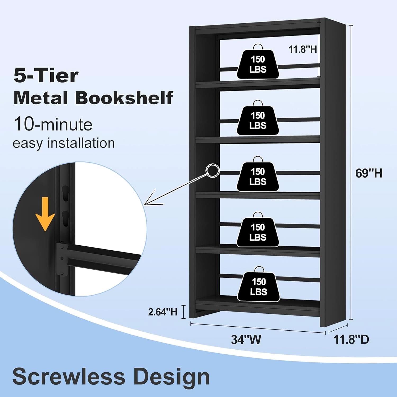All Metal Five Tier Bookcase Matte Black Industrial-1