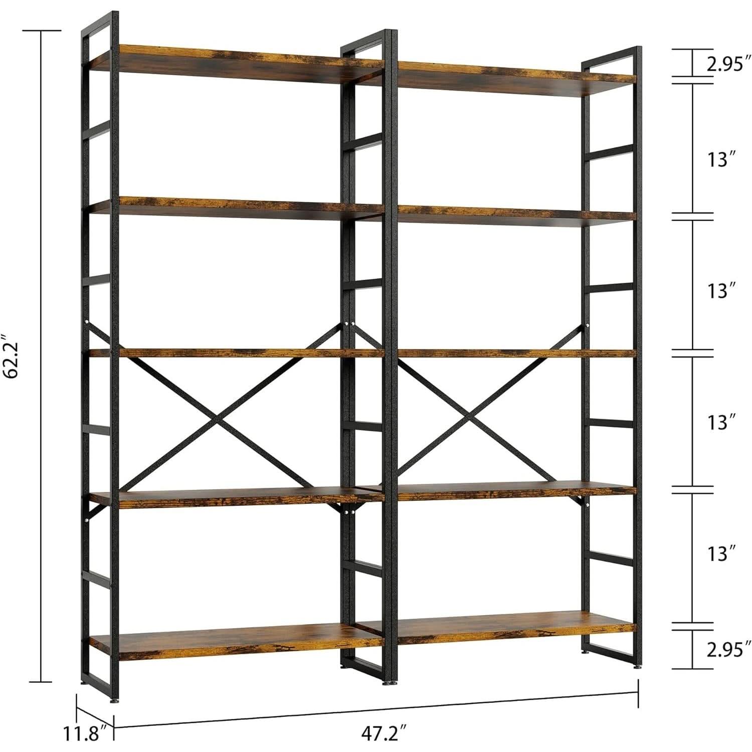 Pair Of 5 Shelf Bookcases Rustic Brown Industrial Tall-1