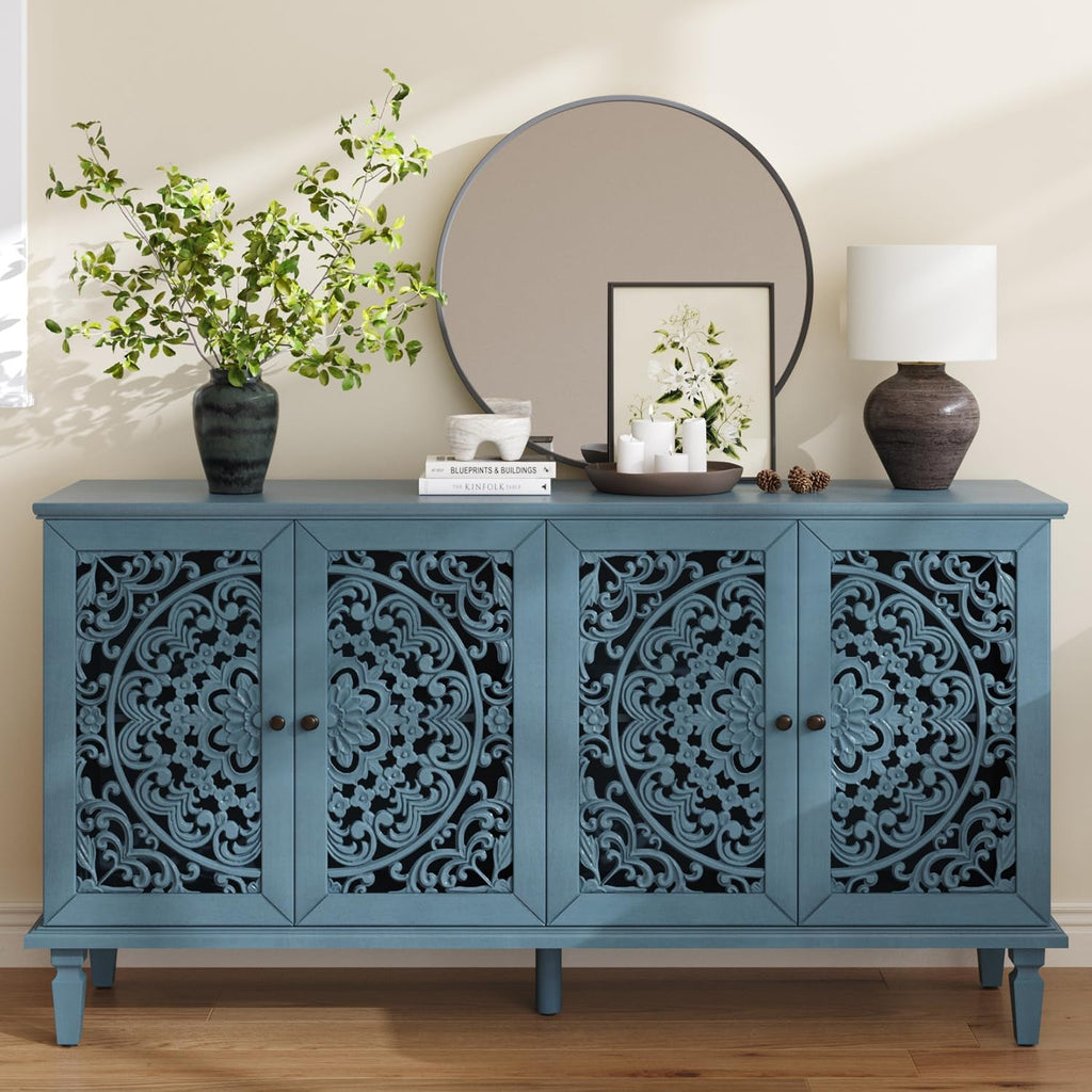 Vintage Sixty Inch Hollow Carved Console Sideboard-0