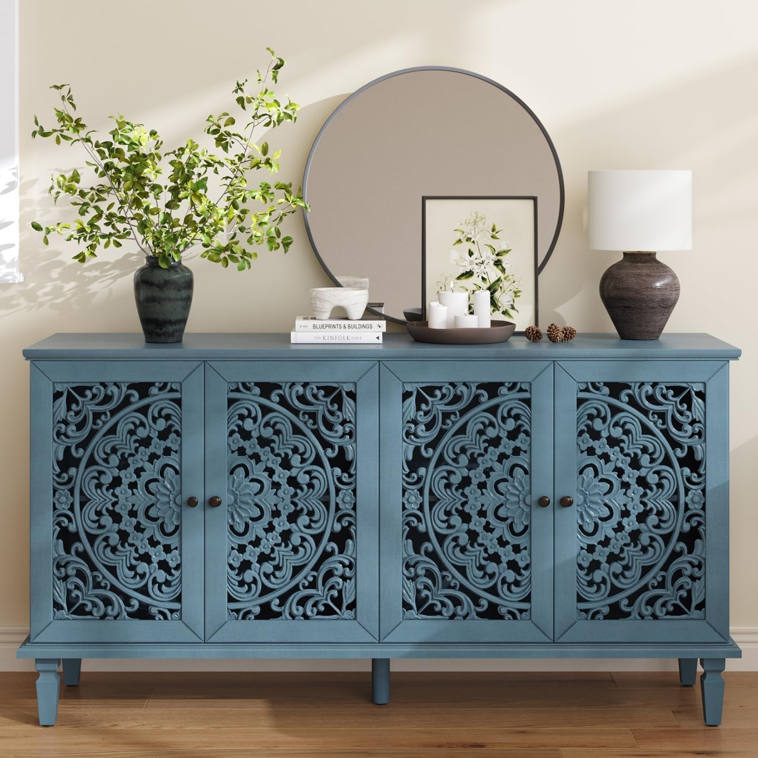 Vintage Sixty Inch Hollow Carved Console Sideboard-0