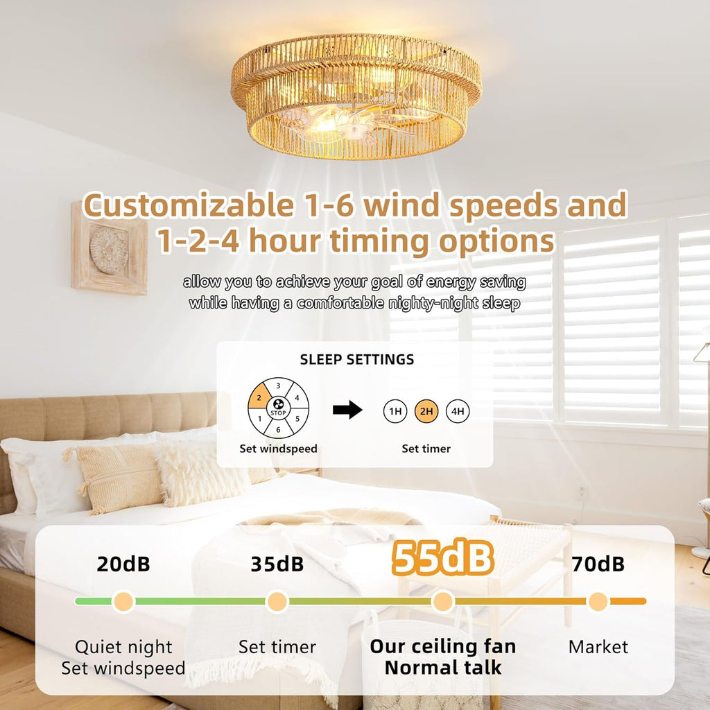 Brown Rattan Flush Mount Ceiling Fan Integrated Remote-4
