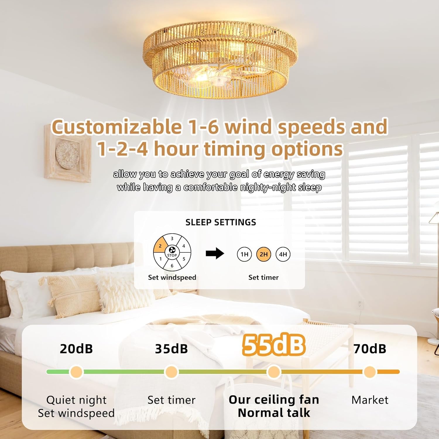 Brown Rattan Flush Mount Ceiling Fan Integrated Remote-4