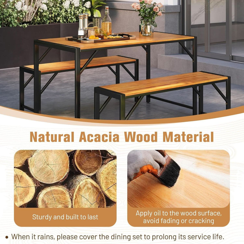 3 Piece Patio Dining Set For Six With 53 Inch Acacia Wood Table And Space Saving Benches-4