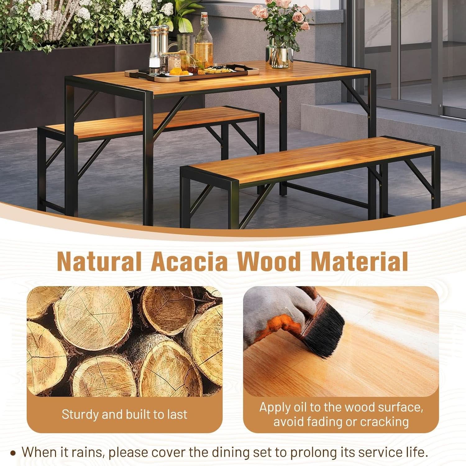 3 Piece Patio Dining Set For Six With 53 Inch Acacia Wood Table And Space Saving Benches-4