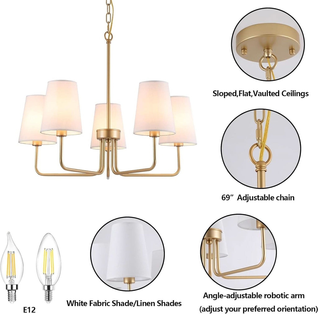 Five Light Gilded Farmhouse Chandelier With White Shades-2