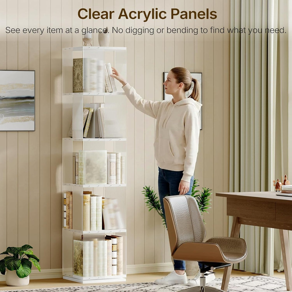5-Tier Rotating Bookshelf With Clear Acrylic Panels-4