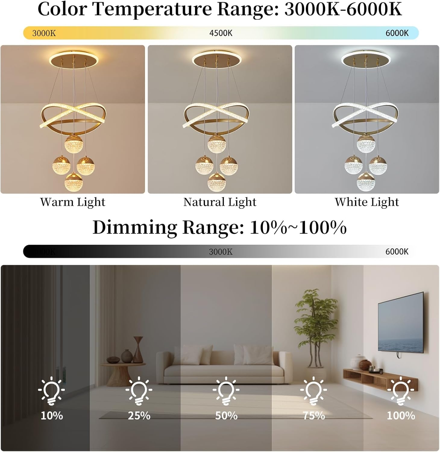 Gold Chandeliers Pendant Light Dimmable Three Color-3
