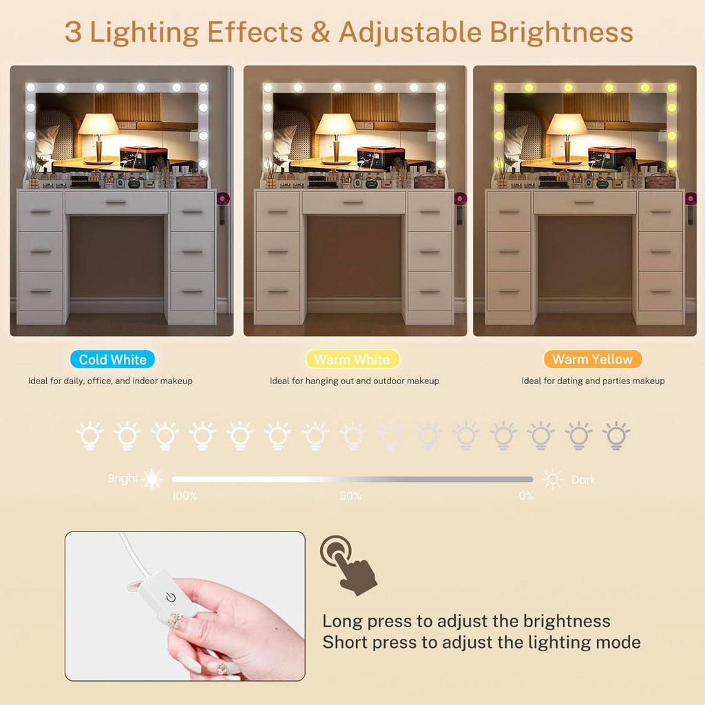 White Vanity Desk With Adjustable Illuminated Mirror-3