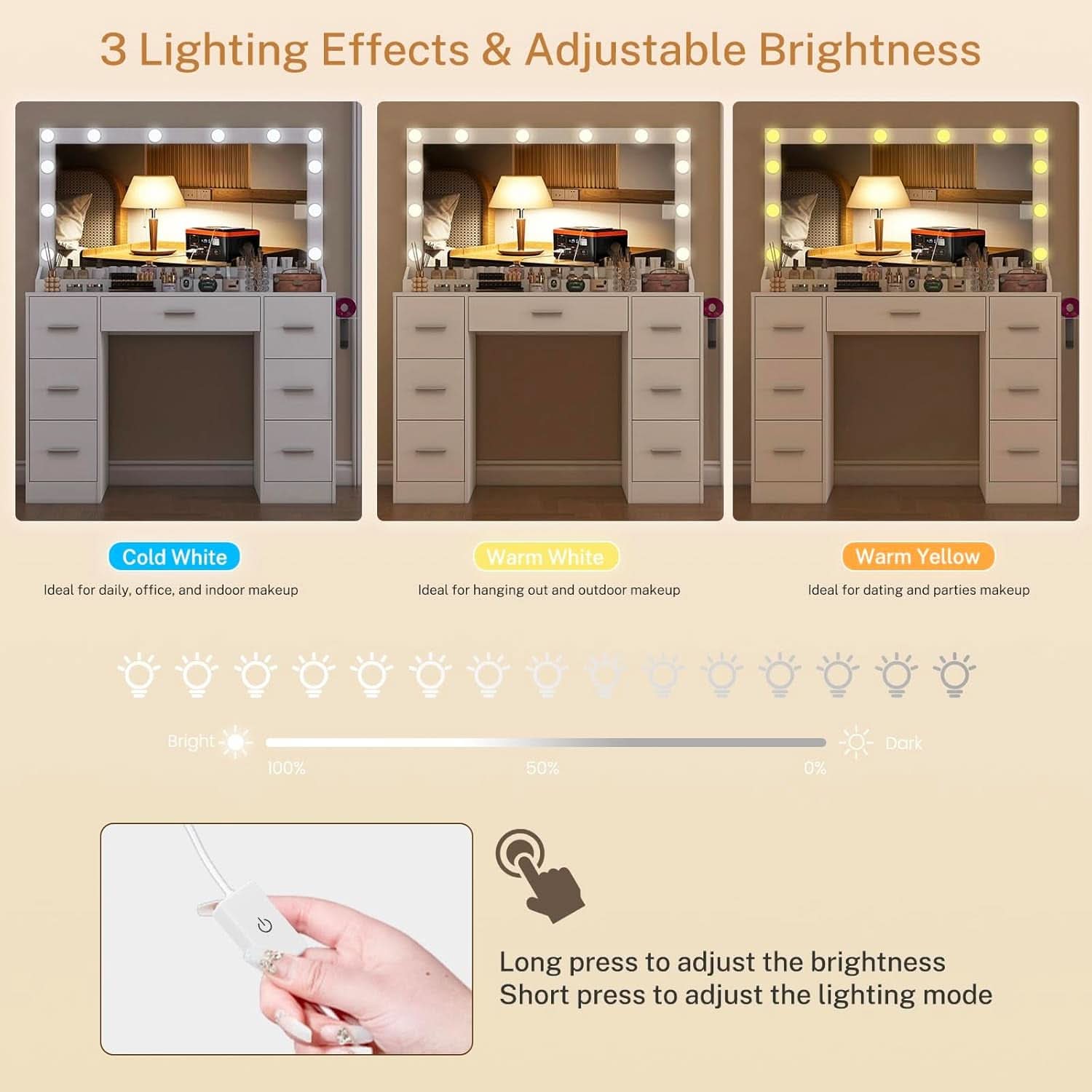 White Vanity Desk With Adjustable Illuminated Mirror-3