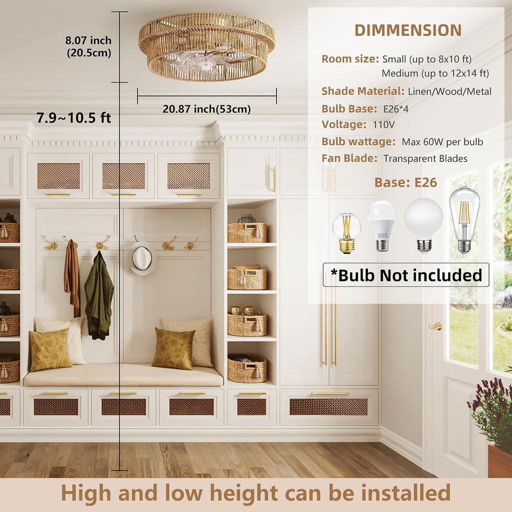 Brown Rattan Flush Mount Ceiling Fan Integrated Remote-2