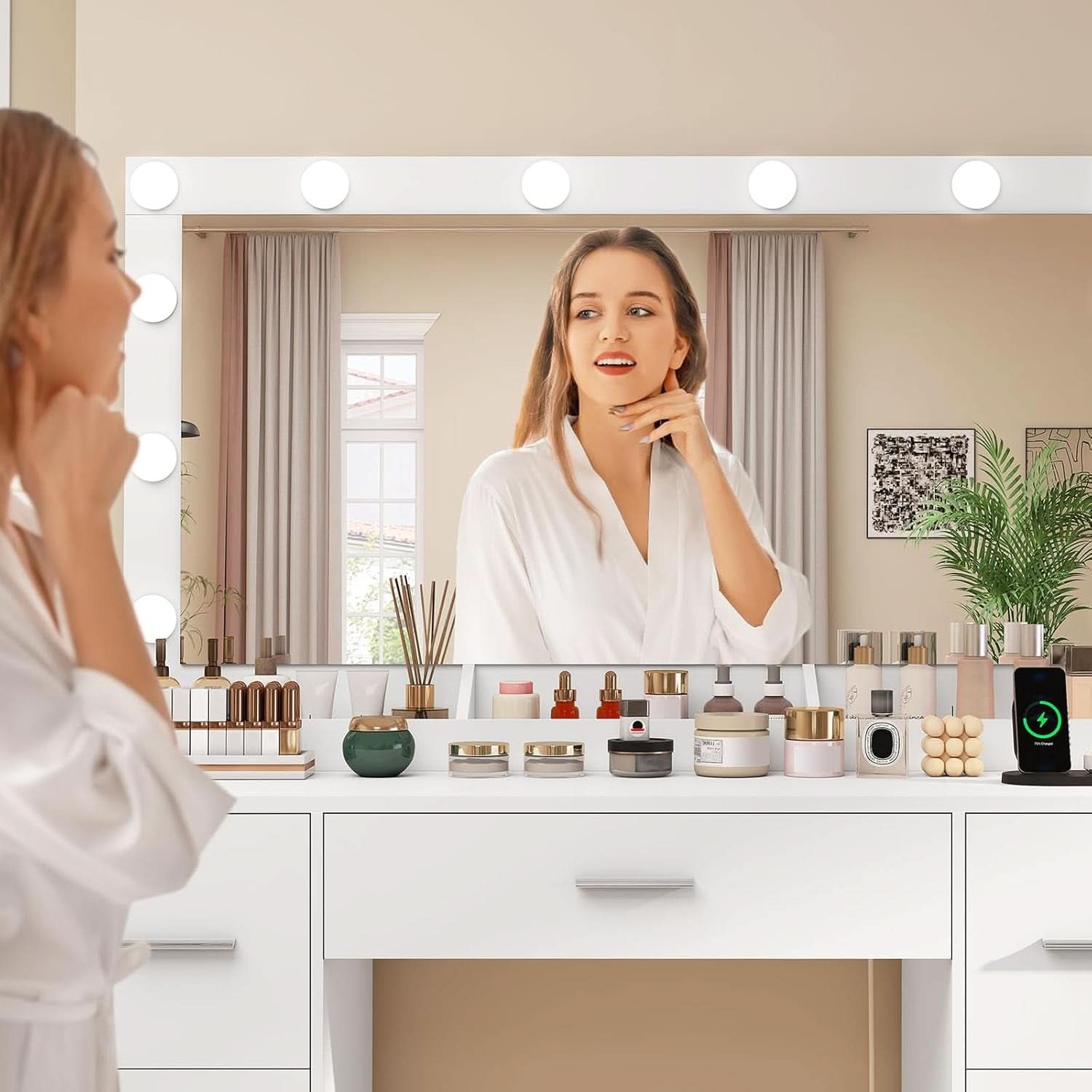 White Vanity Desk With Adjustable Illuminated Mirror-4