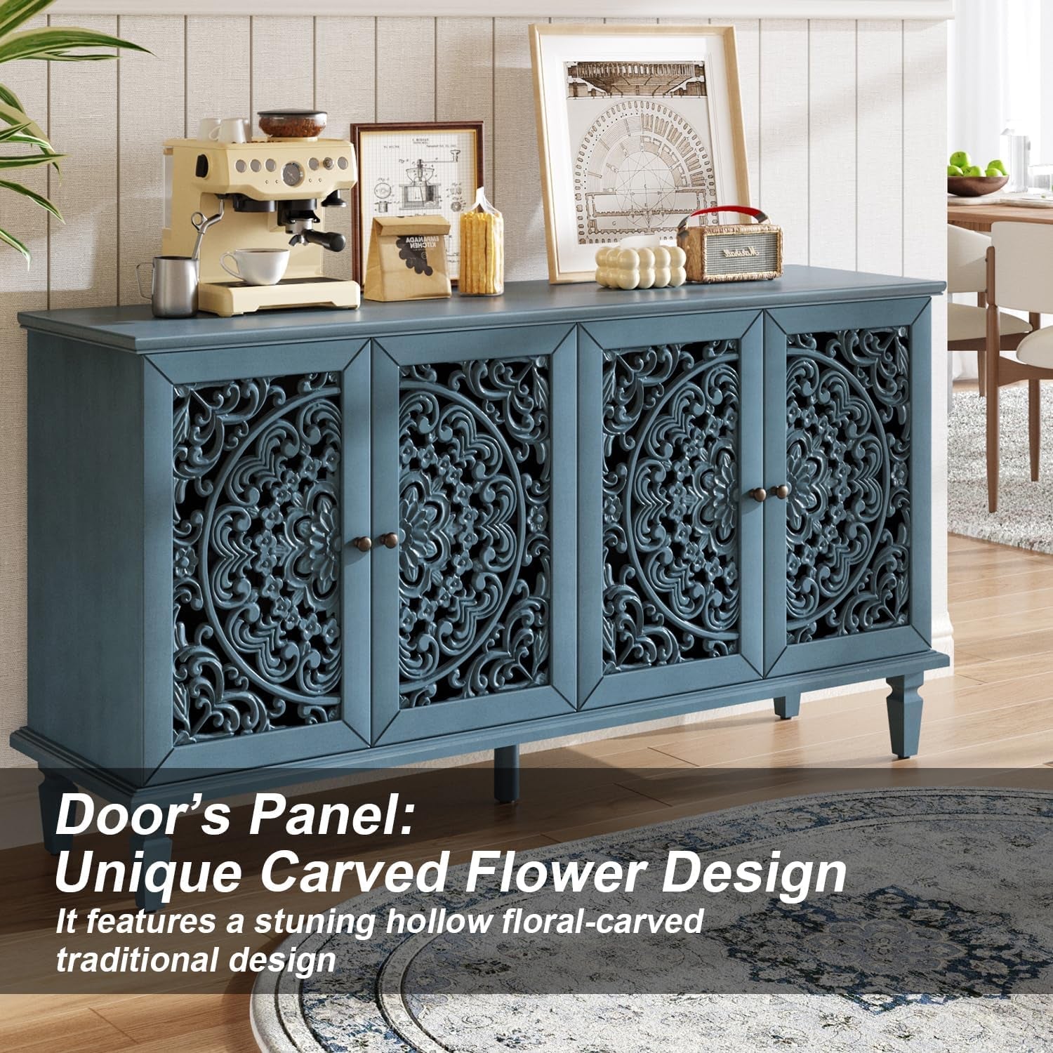 Vintage Sixty Inch Hollow Carved Console Sideboard-3