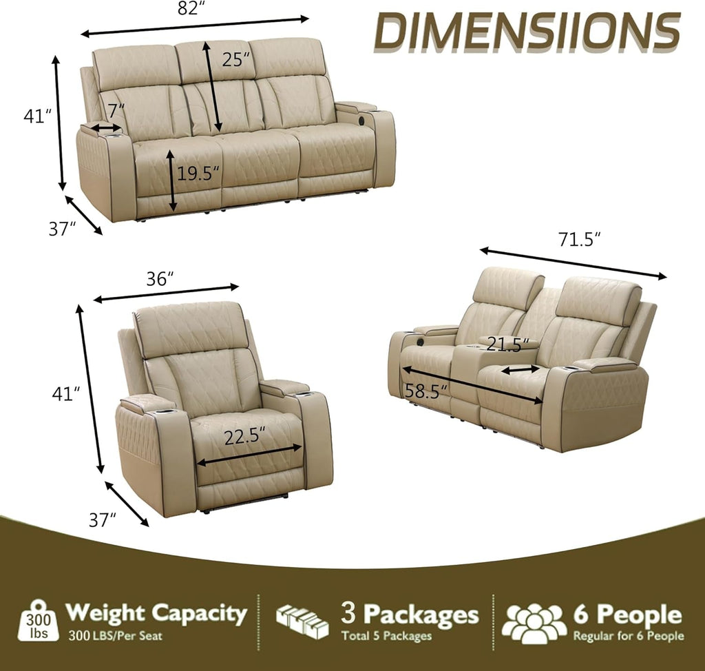 Khaki Premium Quality Leather Power Recliner Sofa USB Port-1