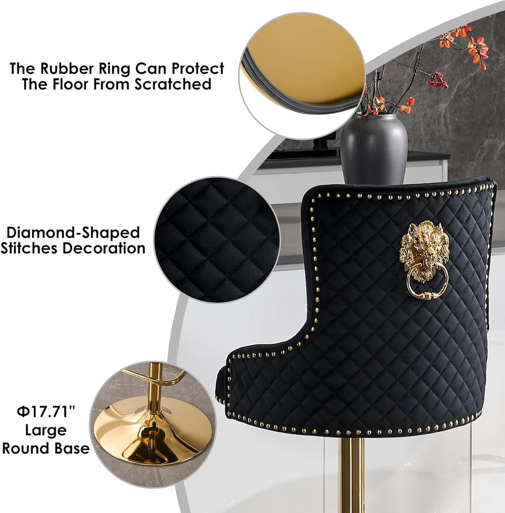 Black Velvet Swivel Bar Stools With Gold Lion Pull Ring-3