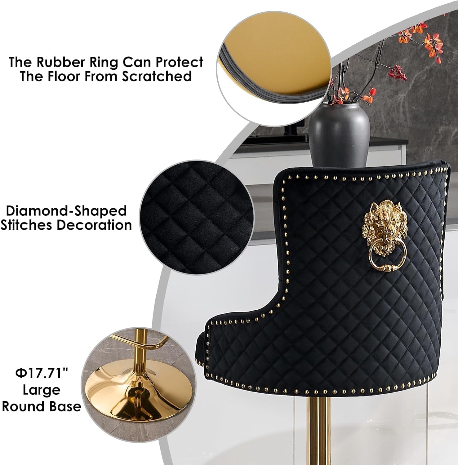 Black Velvet Swivel Bar Stools With Gold Lion Pull Ring-3