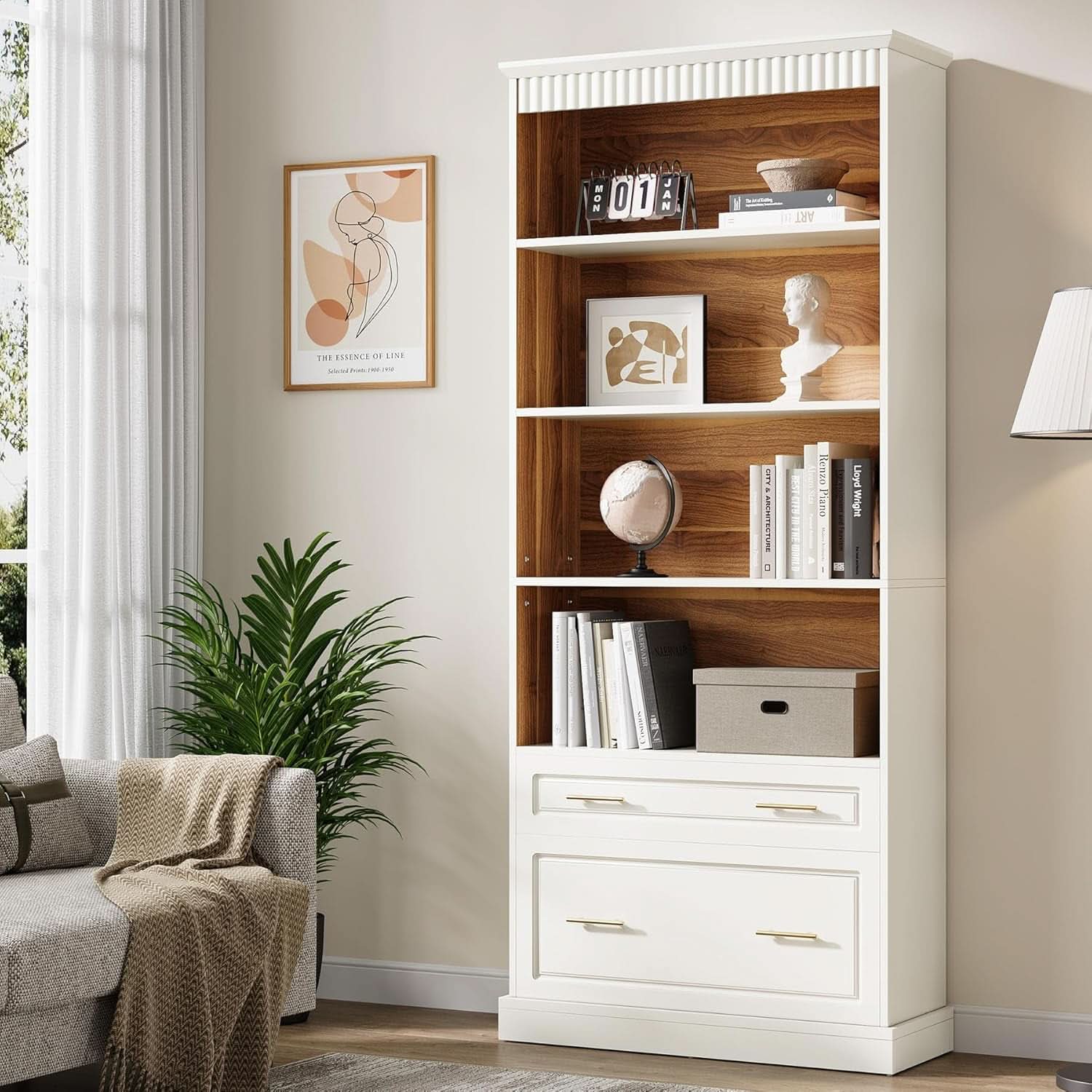 White Freestanding 72 Inch Bookcase With File Cabinet-2